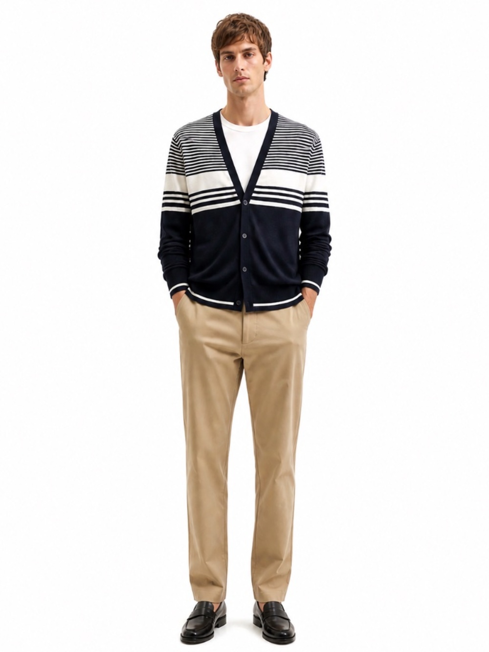 21Men Striped Navy & White Striped Button Up Cardigan – Size Large GUC